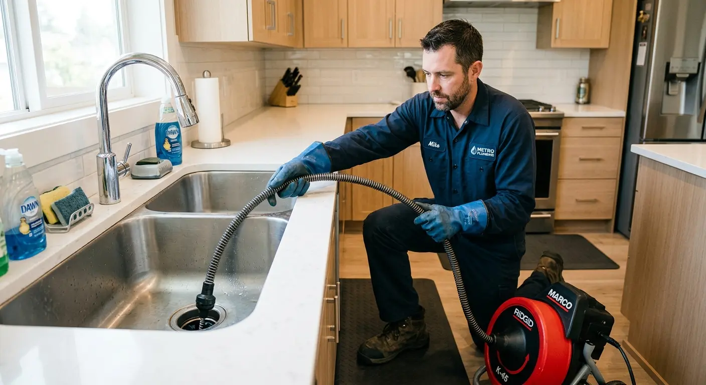 Drain cleaning technician using a motorized snake on a kitchen sink in Southington