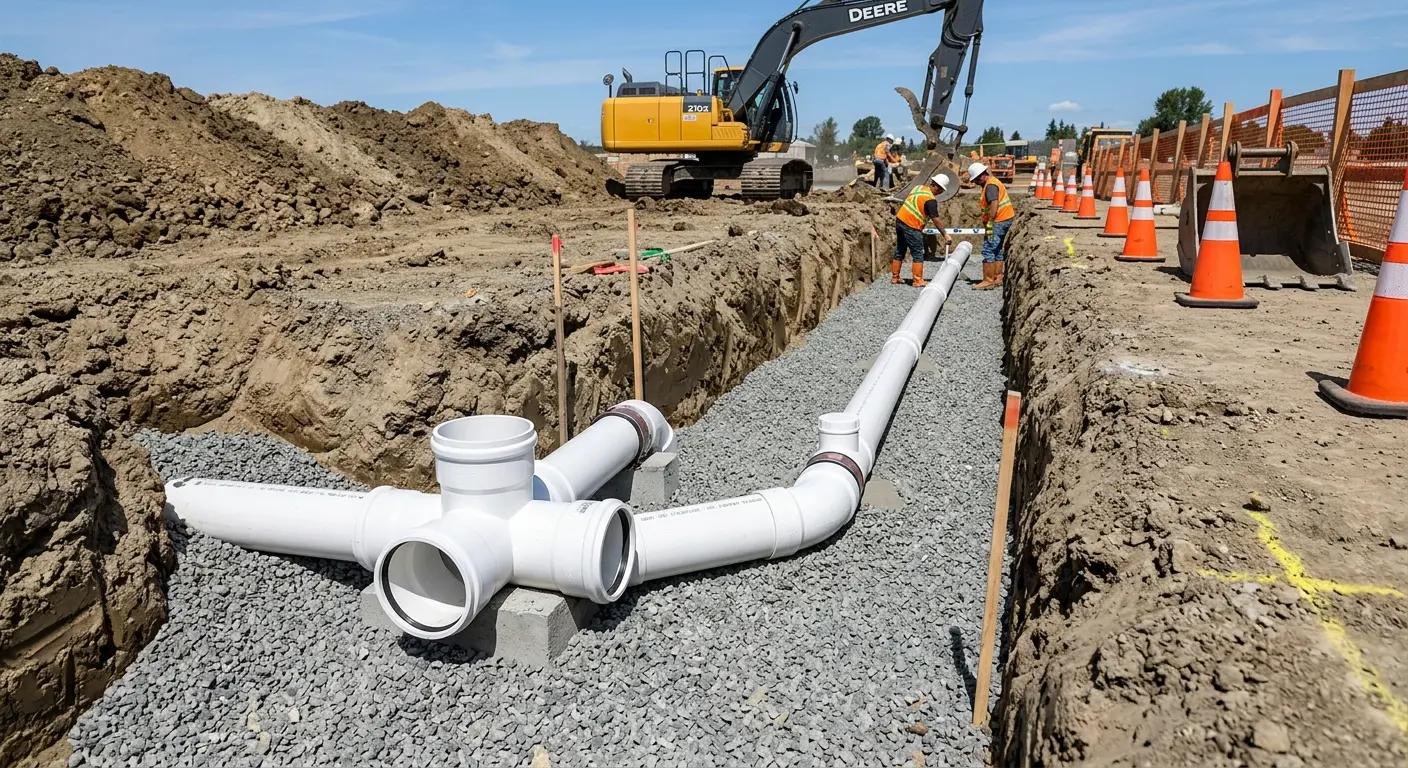 New PVC sewer pipe installation in open trench for Sewer Backup in Southington
