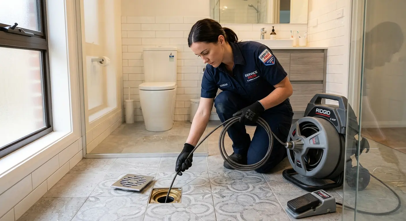 Technician clearing a bathroom floor drain for Drain Cleaning in Southington